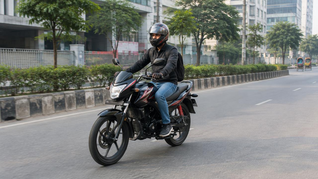শহরের রাস্তায় নতুন বাইক চালাচ্ছেন একজন রাইডার