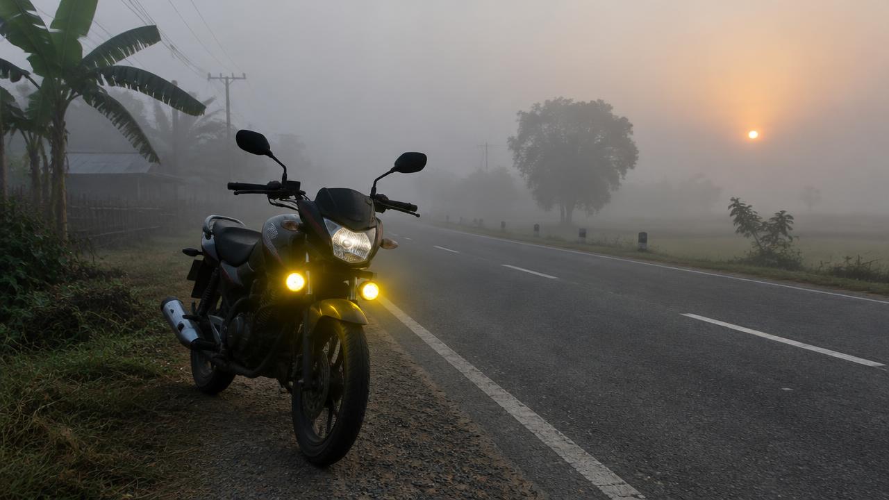কুয়াশাচ্ছন্ন হাইওয়েতে ফগ লাইট জ্বালানো একটি মোটরসাইকেল