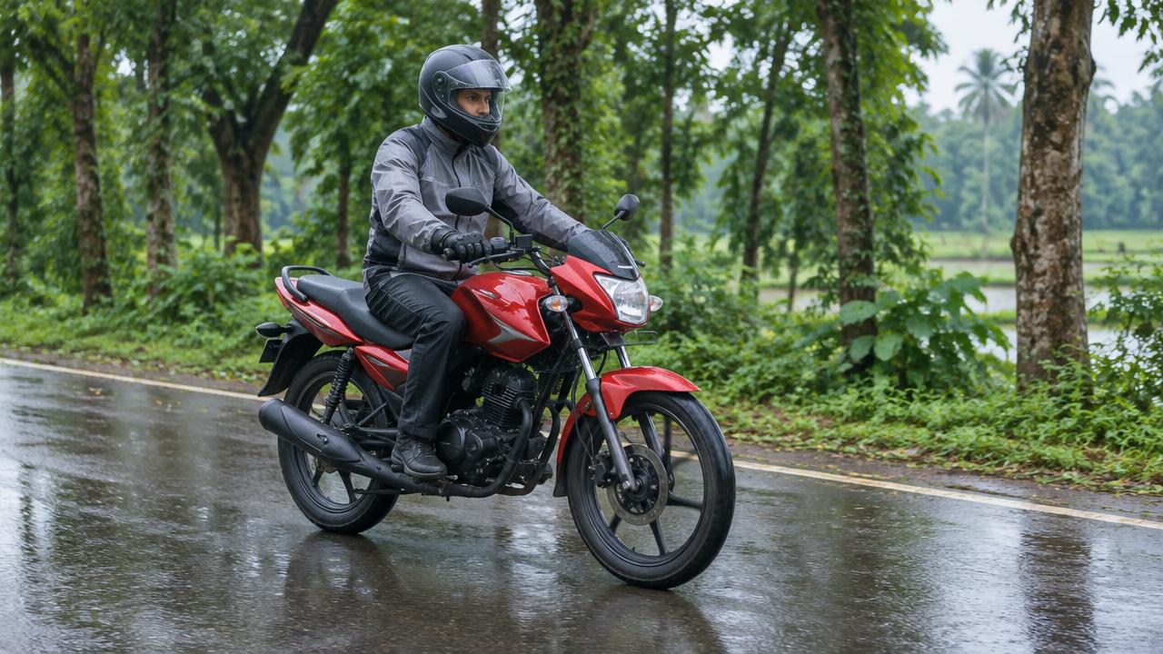 হালকা বৃষ্টির পর ভেজা পাকা রাস্তায় সুরক্ষা সরঞ্জাম পরে বাইক চালানো—প্রতীকী ছবি